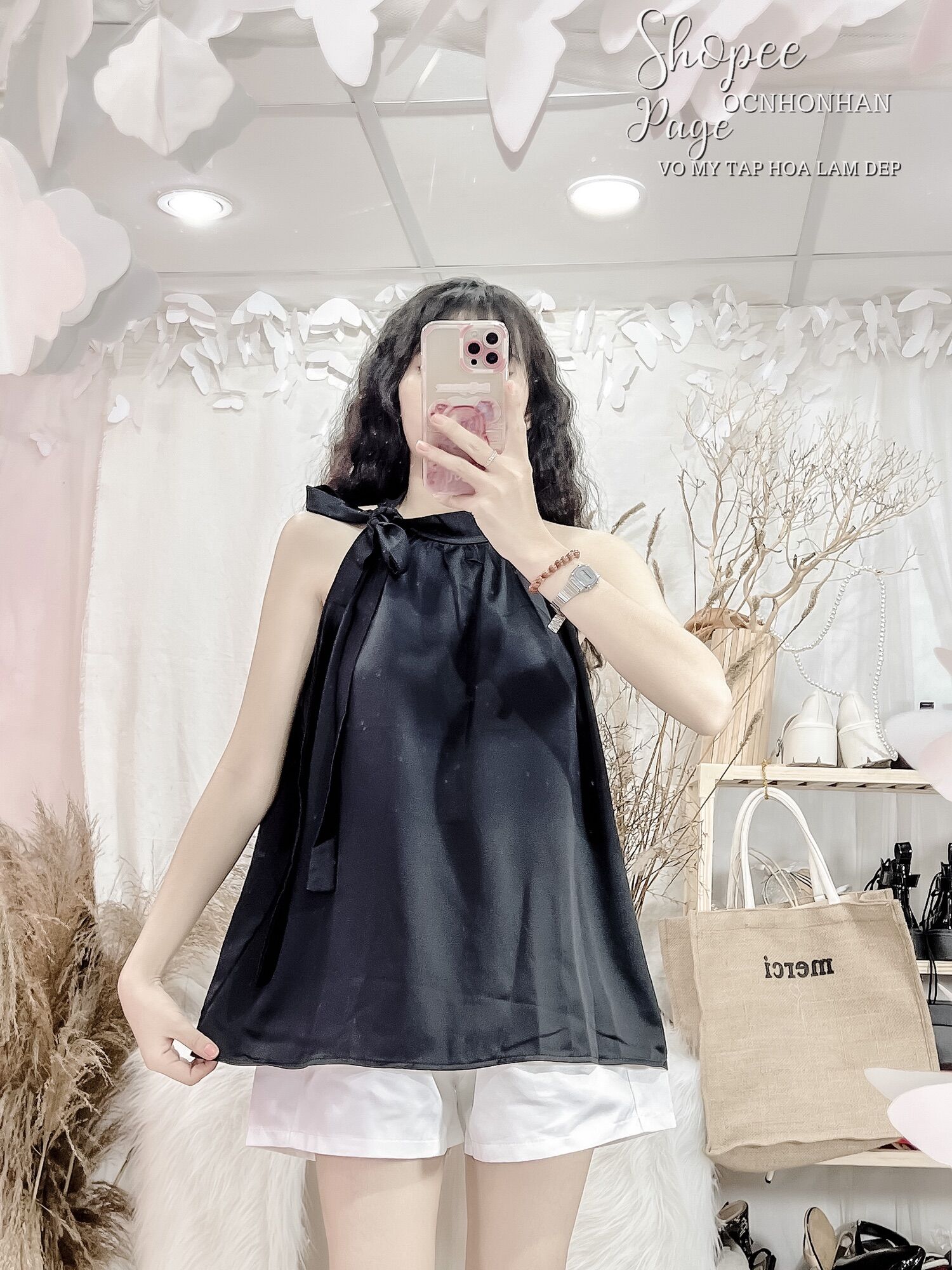 set áo yếm lụa cột nơ rời phối quần short tafta