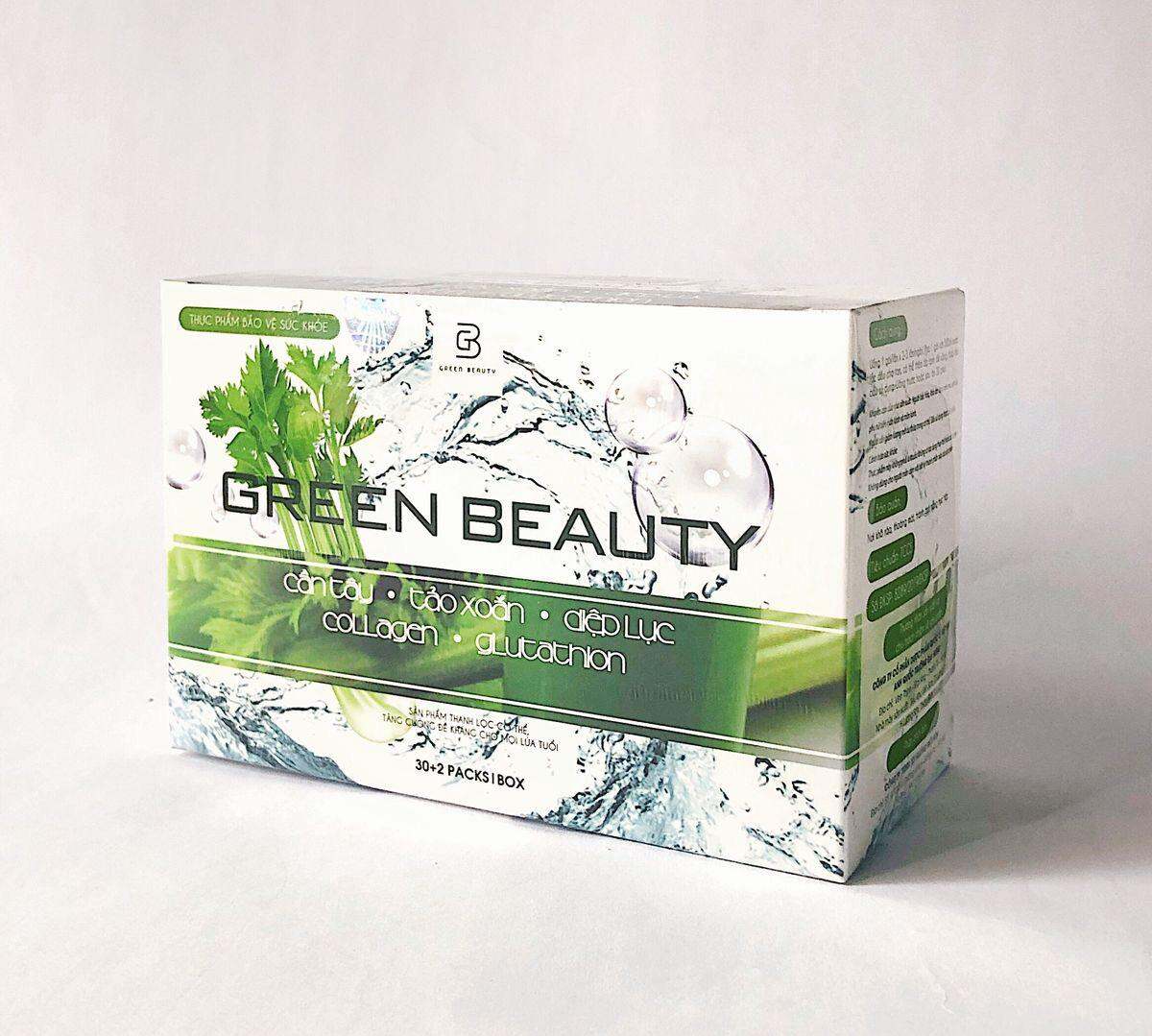 Nước Ép Cần Tây, Tảo Xoắn, Diệp Lục, Collagen, Glutathion Green Beauty Thành phần: Cần tây, tảo xoắn, diệp lục, collagen, glutathion Đóng gói: Hộp 30+2 gói Bảo quản: Nơi khô ráo, tránh nhiệt độ cao và ánh nắng trực tiếp