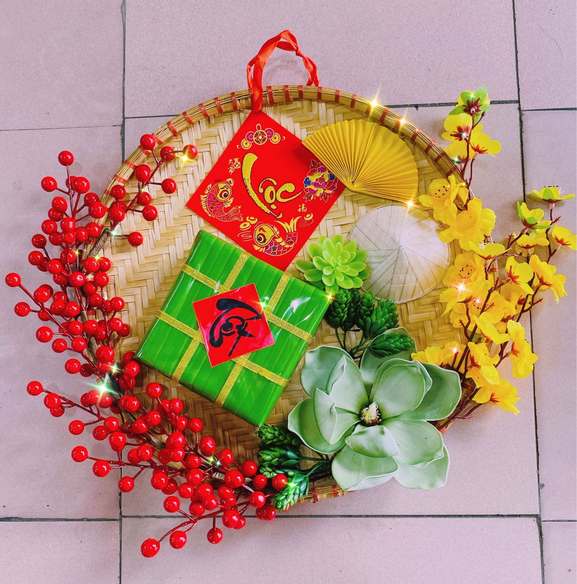 Mẹt hoa đào đông trang trí lễ Tết size 40cm may mắn ngày Tết