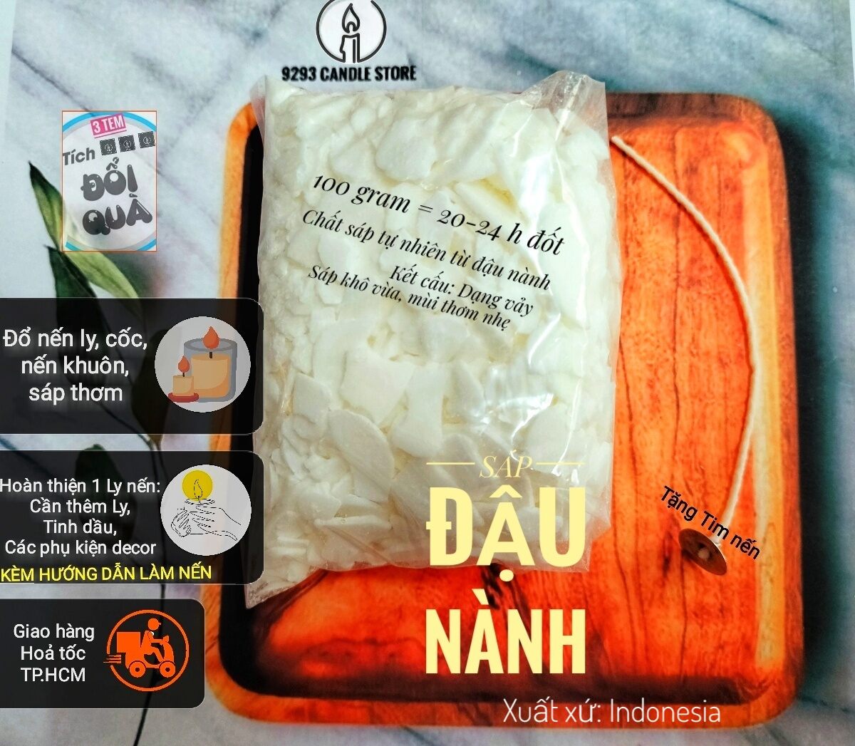 [Tích điểm đổi quà: Hình 2]100-200 Gram Sáp đậu nành thơm tự nhiên TẶNG kèm DÂY TIM KHÔNG KHÓI tự làm nến Handmade tại nhà