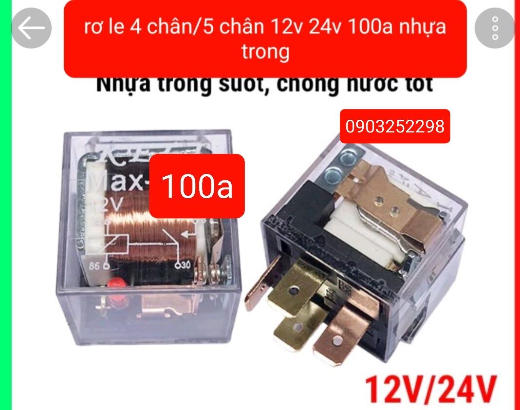 rơ le 4 chân 5 chân 100 a 12v 24v vuông nhựa trong chế lắp cho còi đèn...