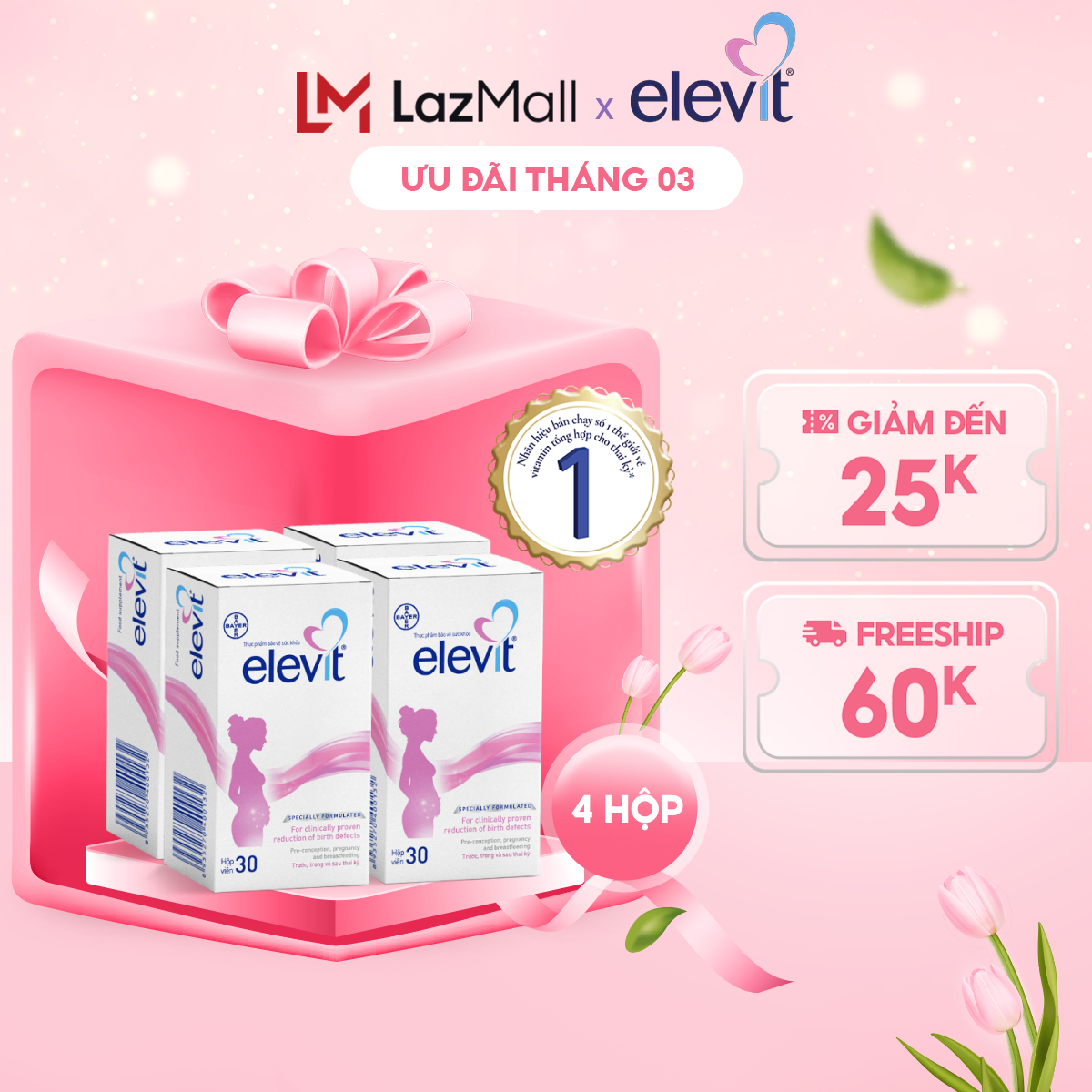 Bộ 4 Hộp Vitamin Bầu Tổng Hợp Elevit Cho Phụ Nữ Trước Trong và Sau Thai Kỳ (30 Viên/ Hộp)