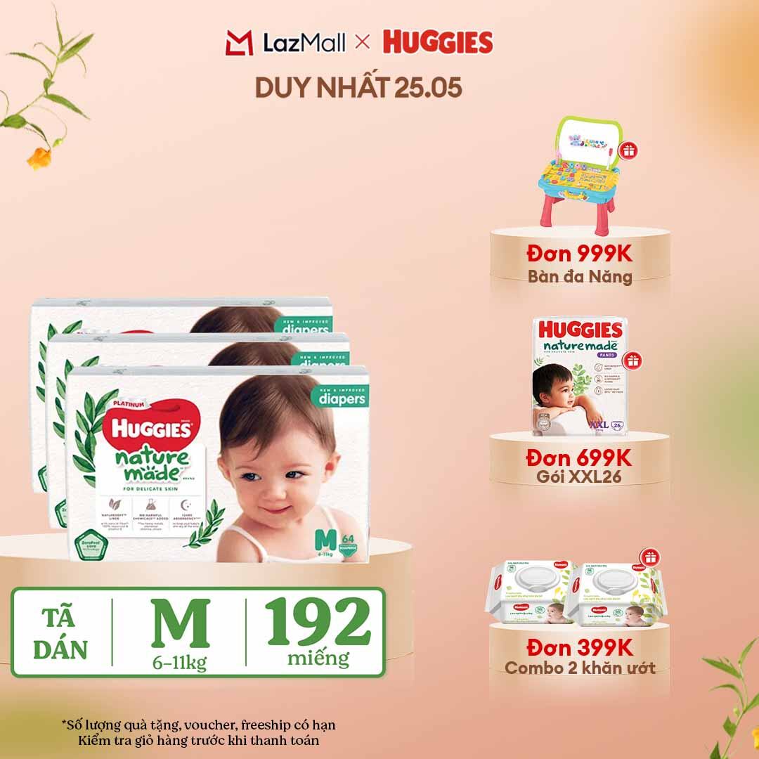 [CHỈ 25-29.05 QUÀ TẶNG ĐƠN 399K](Mua 1 tặng 1) Combo 3 Tã/Bỉm dán HUGGIES PLATINUM NatureMade M64 (6-11kg)-Gói Jumbo 64 miếng