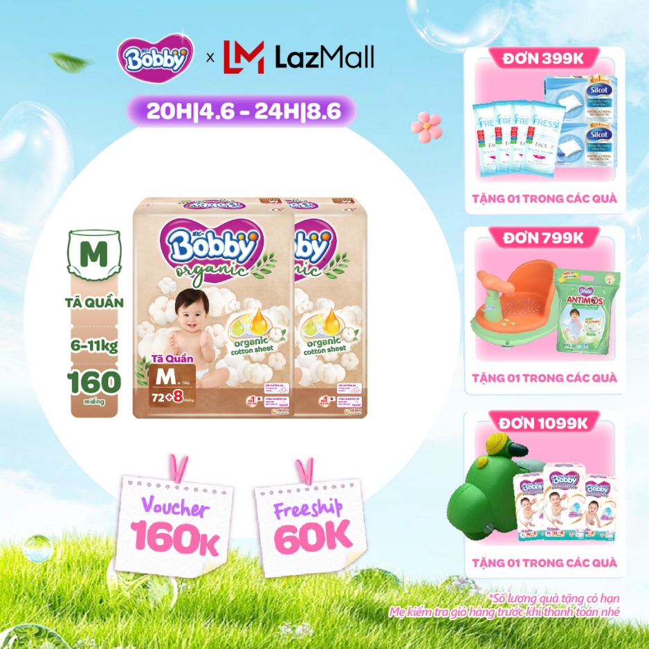 [QUÀ TẶNG HẤP DẪN TỪ 9-10.6][COMBO 2] [TẶNG KÈM 8 MIẾNG] Tã quần cao cấp Bobby Organic chăm sóc dịu nhẹ từ thiên nhiên M72