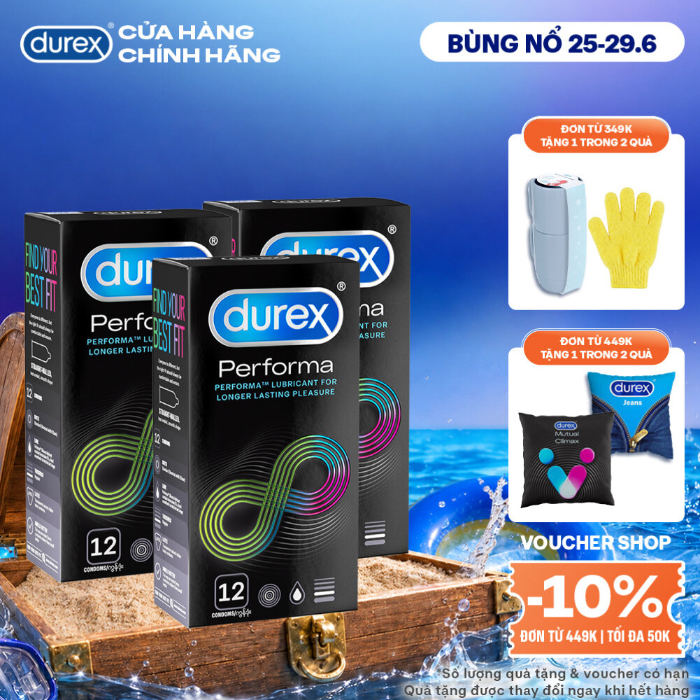 Bộ 3 hộp bao cao su Durex Performa kéo dài thời gian, size 52mm, 12 bao/hộp