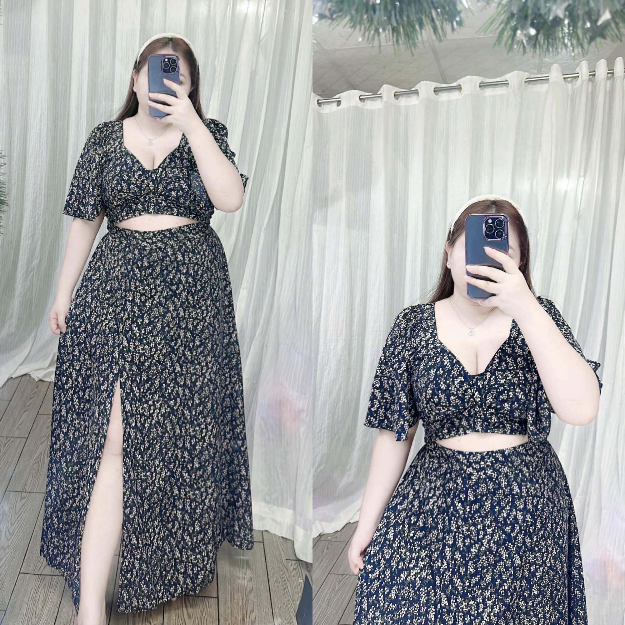 [Bigsize 65-90kg] Set áo chân váy voan xẻ tà
