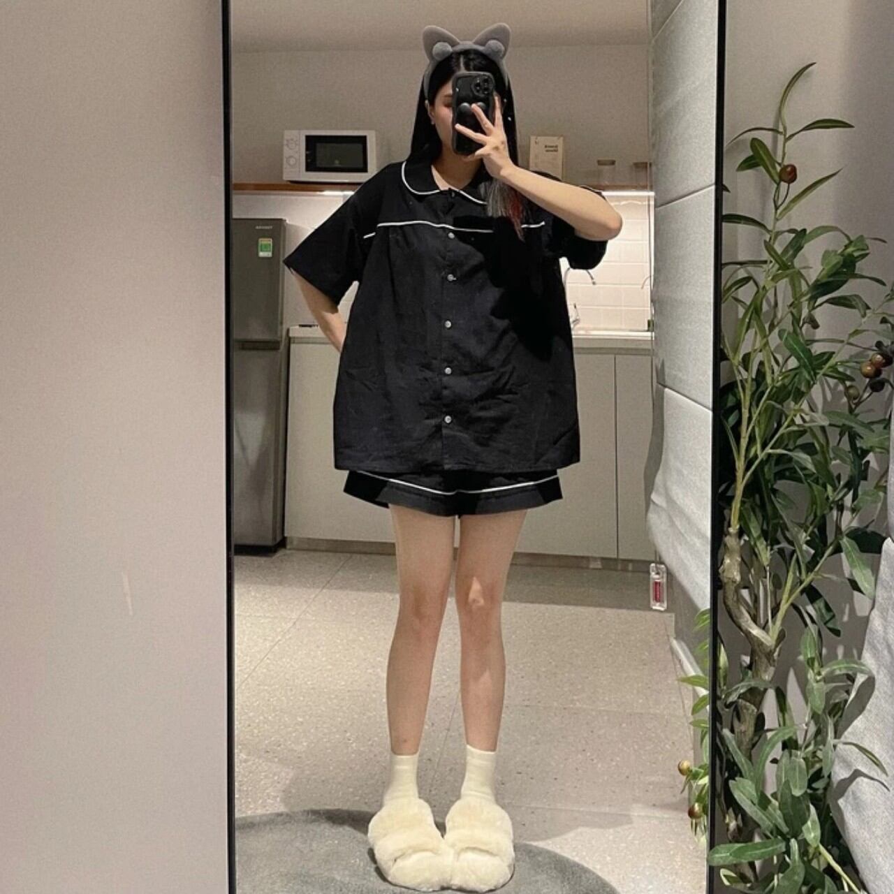 Sét bộ đùi Pyjama xốp cổ sen