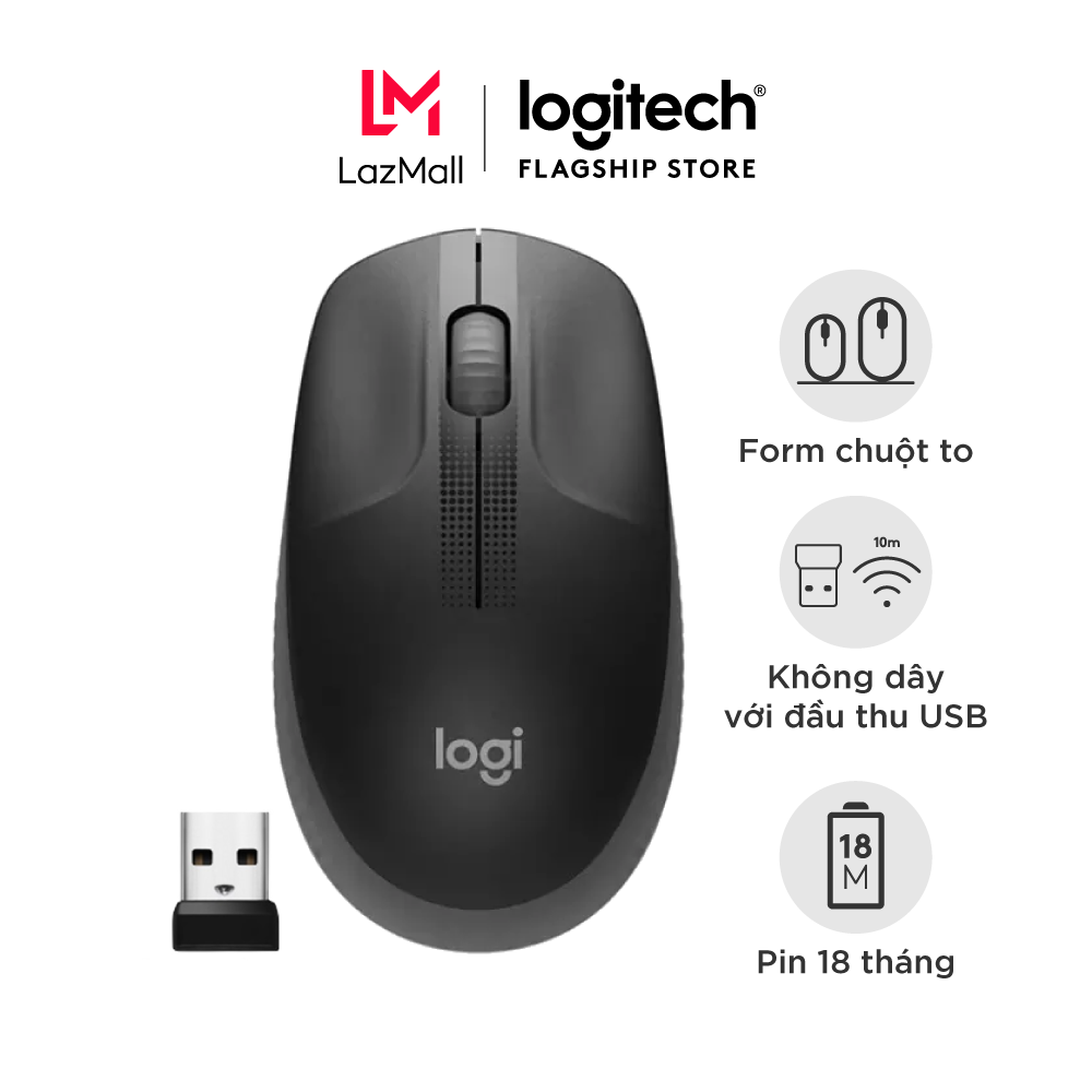 Chuột không dây Logitech M191 - Form to phù hợp cả người thuận tay trái, chế độ tiết kiệm pin, cuộn chính xác từng dòng
