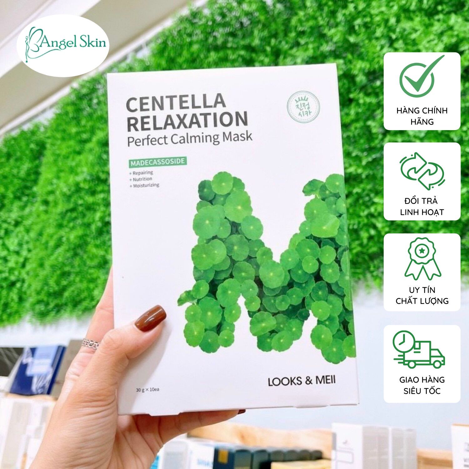 Mặt nạ tái sinh tinh chất rau má cho da dầu mụn LOOKS & MEII Centella Relaxation Perfect Calming Mask - Hộp 10 miếng