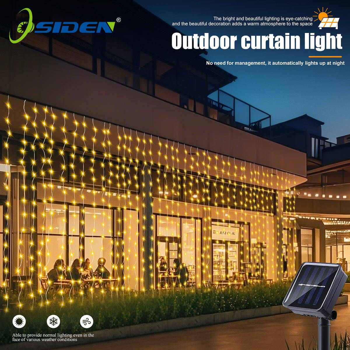 Outdoor solar silver curtain light with 8 modes 300LED, 200LED, 100LED waterproof Christmas light, Fairy Lights,Ramadan Lamp, wedding, holiday, birthday , xmas,bedroom window, party, courtyard, garden decoration, light string ราคา 145 บาท*ส่งฟรี