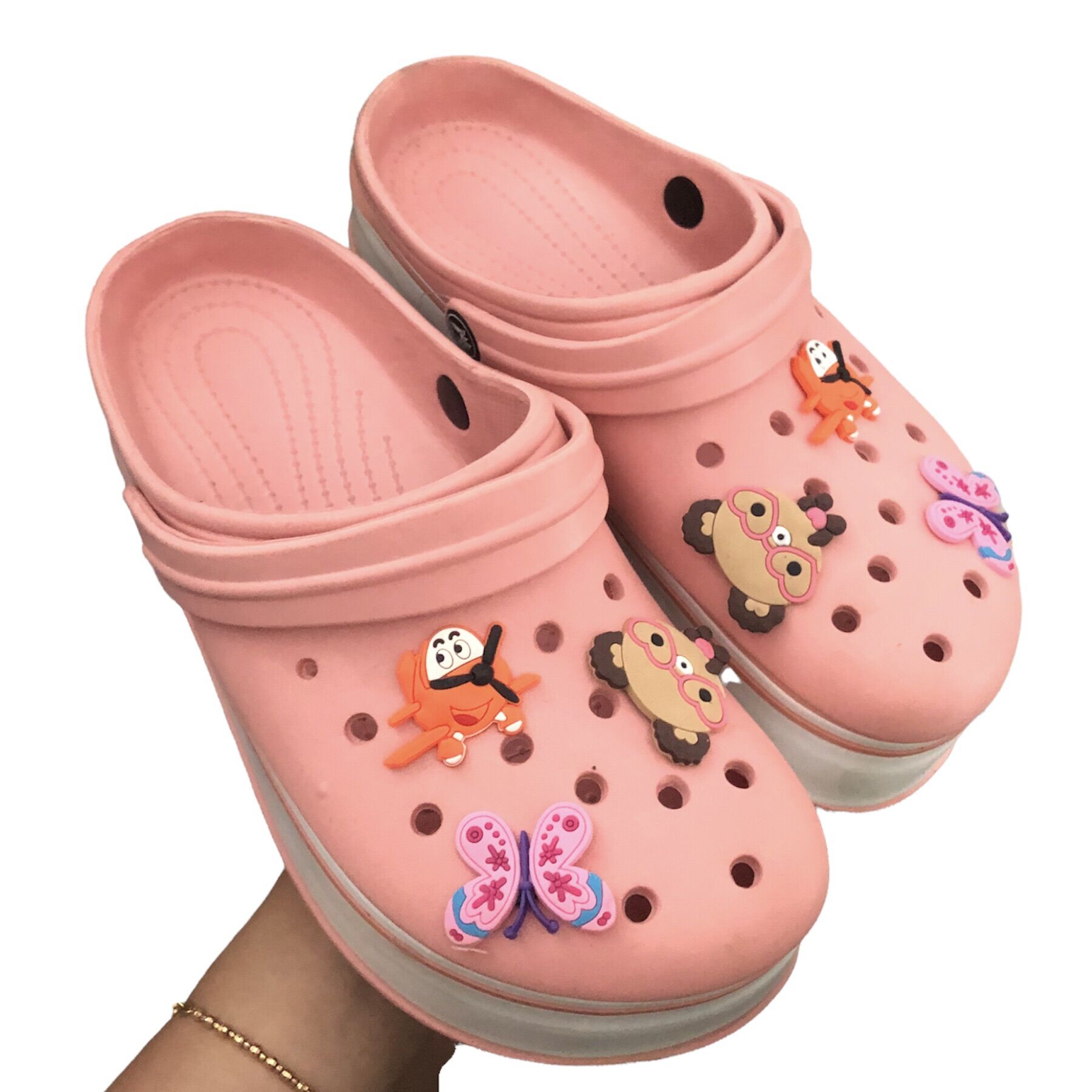 Dép sục crocs nhựa nữ đế độn cao 2 màu hồng vàng