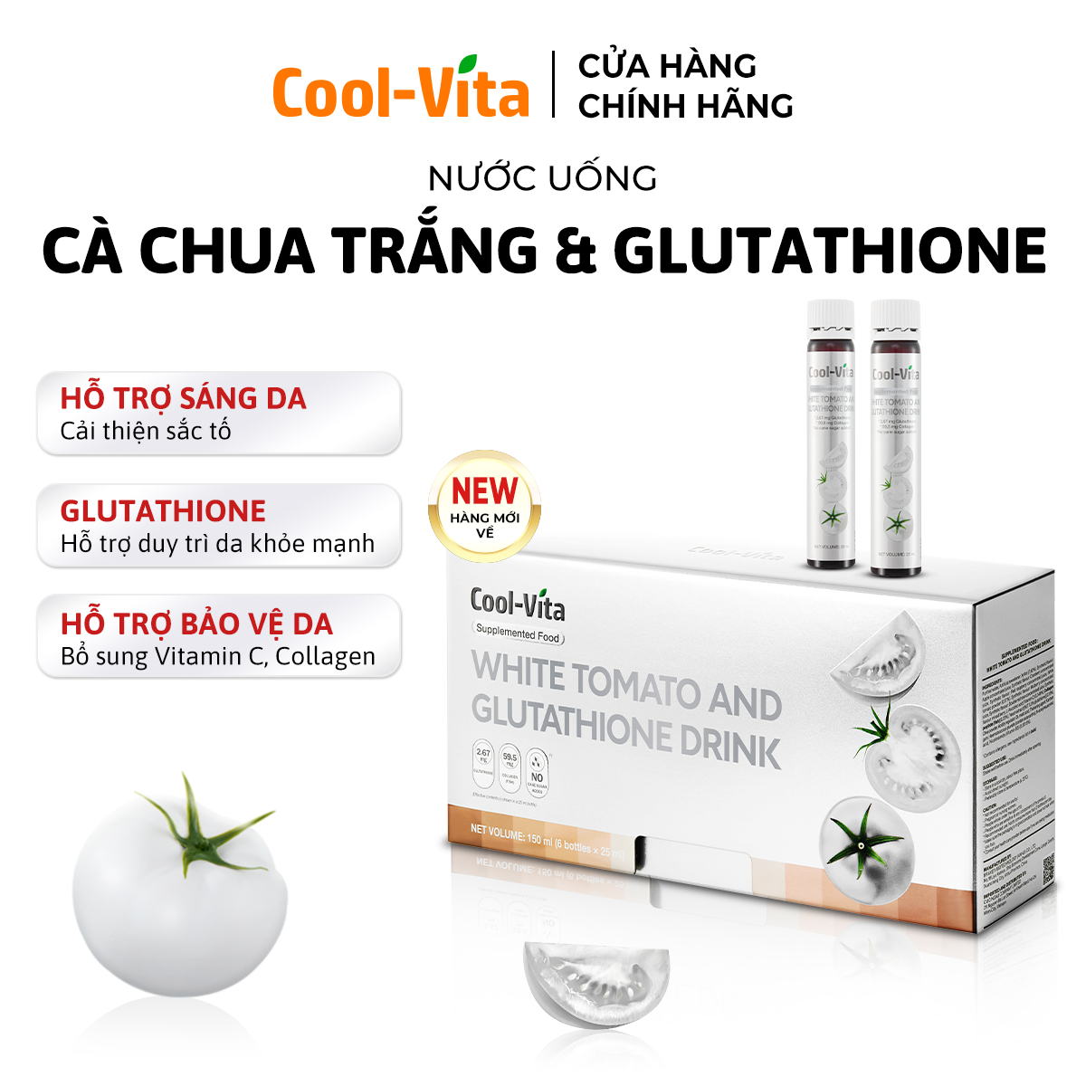 Nước Uống Cà Chua Trắng Hỗ Trợ Sáng Da Kết Hợp Glutathione, Niacinamide, Collagen Peptide, Vitamin C Coolvita Hỗ Trợ Đều Màu Da Dưỡng Da Ẩm Mịn (6 chai × 25 ml)/hộp - Thực Phẩm Bổ Sung
