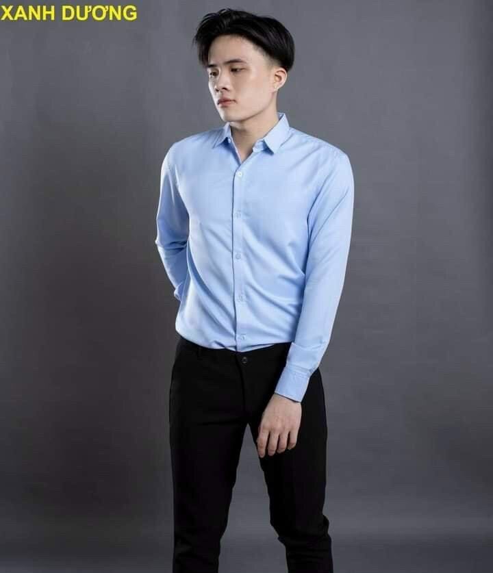 Sơmi nam Zara cao cấp trơn tay dài cổ tàu màu xanh kiểu dáng đơn giản trẻ trung thiết kế với form dễ mặc thoải mái