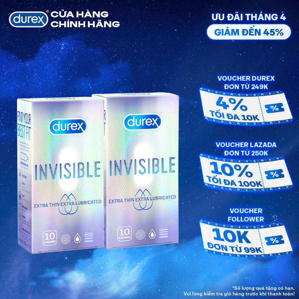Bộ 2 hộp bao cao su Durex Invisible Lubricated siêu mỏng, bôi trơn (size 52mm, 10 bao/hộp)