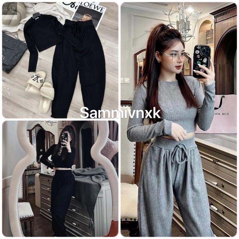 set bộ thun tăm áo croptop dài tay quần bum Sammivnxk🌟freeship