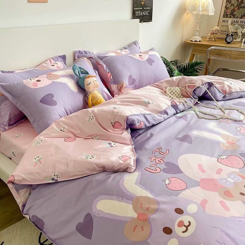 Bộ Chăn ga gối cotton poly - Mẫu thỏ tím.