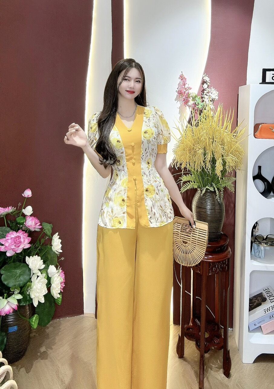 Bộ bà ba cổ tim tay phồng búp / Sét bà ba cổ tim