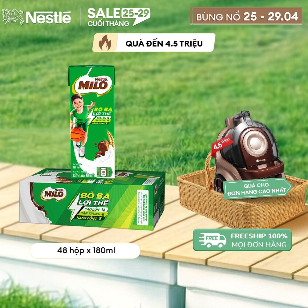 [ƯU ĐÃI THÁNG 4] FREESHIP TOÀN QUỐC] Thùng 48 Hộp Sữa lúa mạch Nestlé® MILO® 180ml