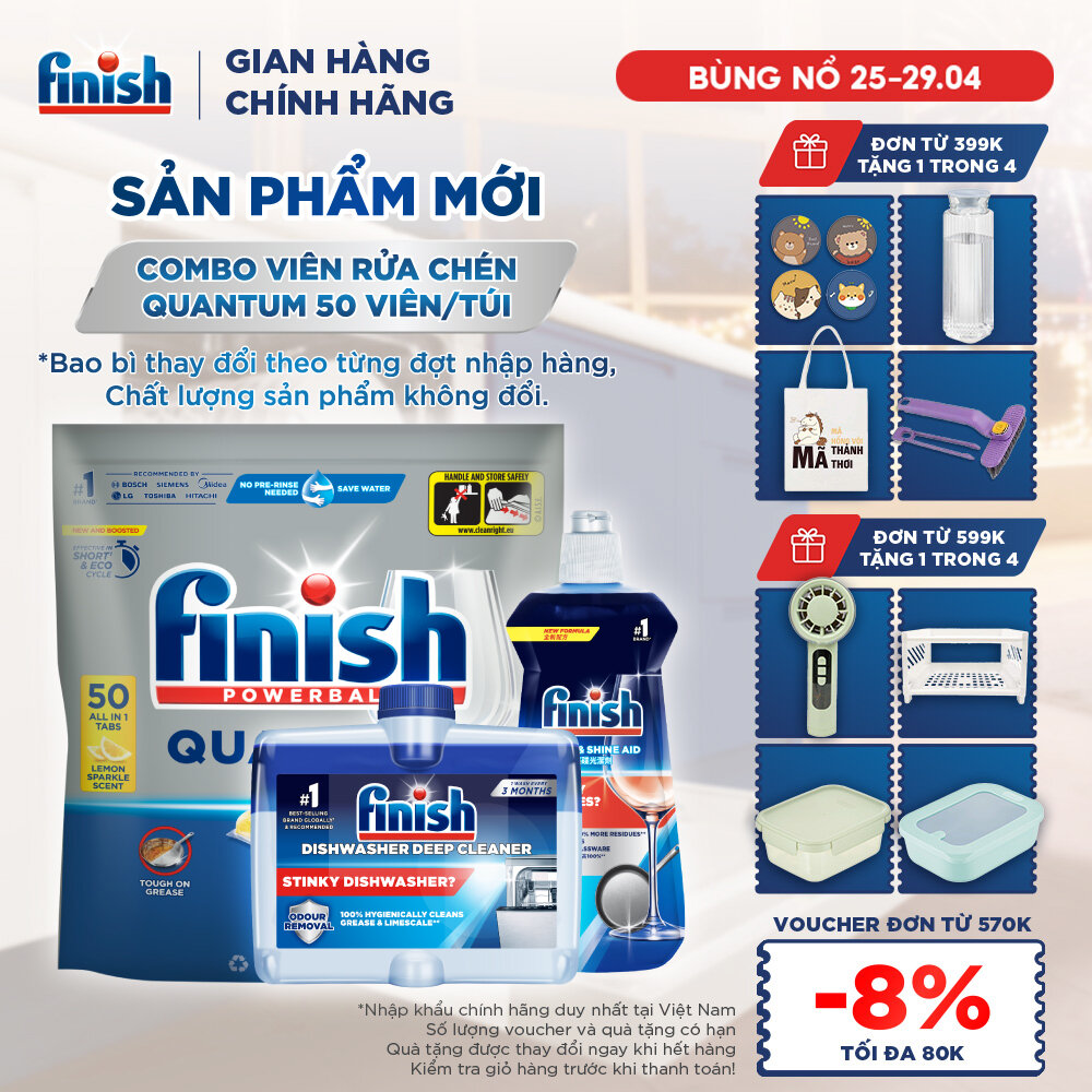 Combo Finish: Viên Rửa Chén Bát Finish Powerball Quantum 50 viên + Nước Làm bóng 500ml + Dung dịch vệ sinh máy