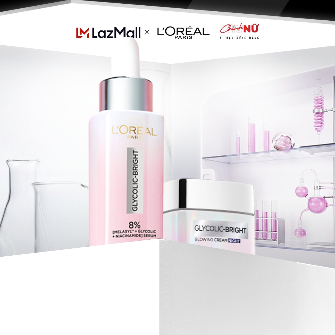 Bộ Serum và Kem dưỡng ban đêm sáng da tức thì L'Oreal Paris Glycolic Bright 8% [Melasyl+Glycolic+Niacinamide] (30ml 15ml)