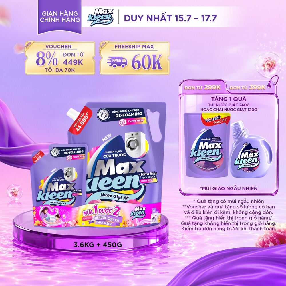 [Tặng kèm nước giặt 450g ngẫu nhiên] Nước giặt xả cho máy giặt cửa trước MaxKleen hương Dấu Ấn Ngọt Ngào 3.6kg