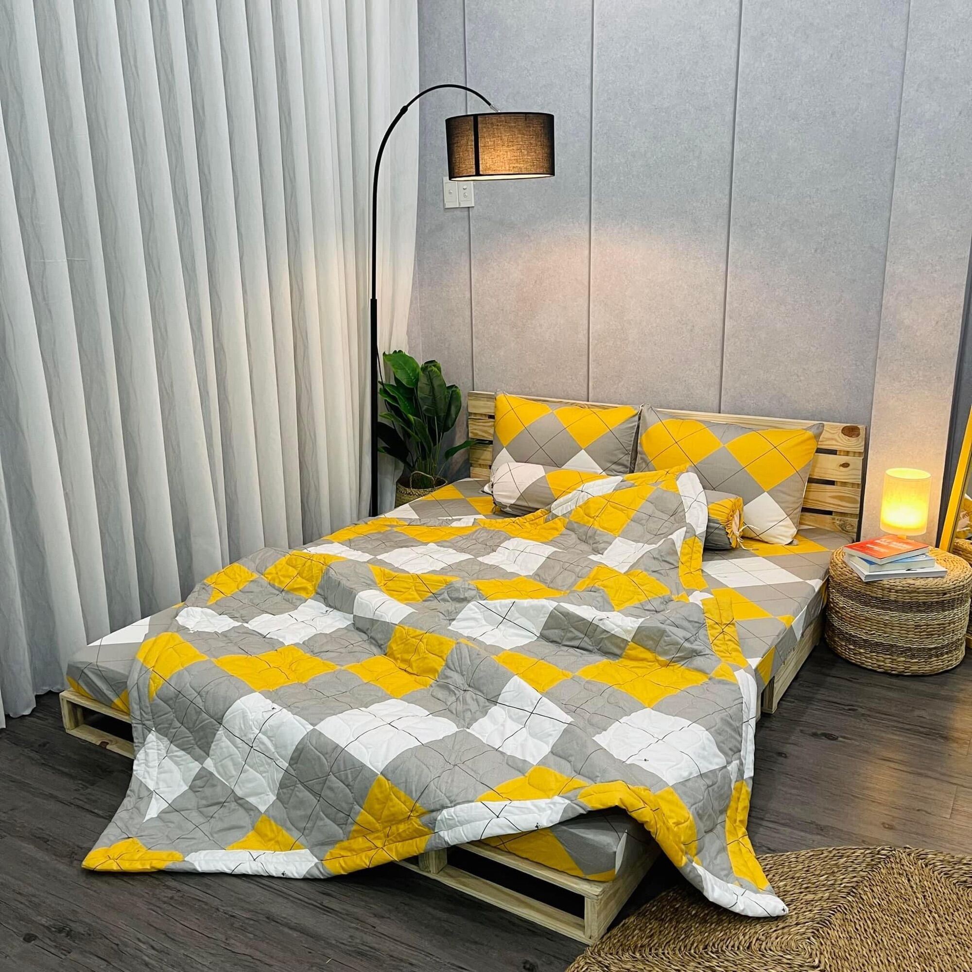 Bộ drap gối cotton 100% in LOGO CTY, ga trãi giường vải dày dặn, mềm, thấm hút mồ hôi (mẫu ô vàng)