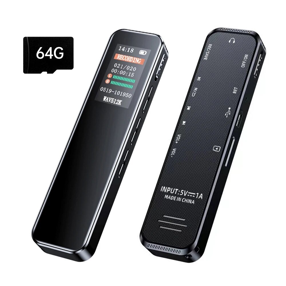 Máy Ghi Âm Kỹ Thuật Số 64GB/32GB Máy Nghe Nhạc Mp3 Giảm Tiếng Ồn Kích Hoạt Ghi Âm 1536kbps HD Ghi Âm Với Loa Cân Bằng Micro Ngoài