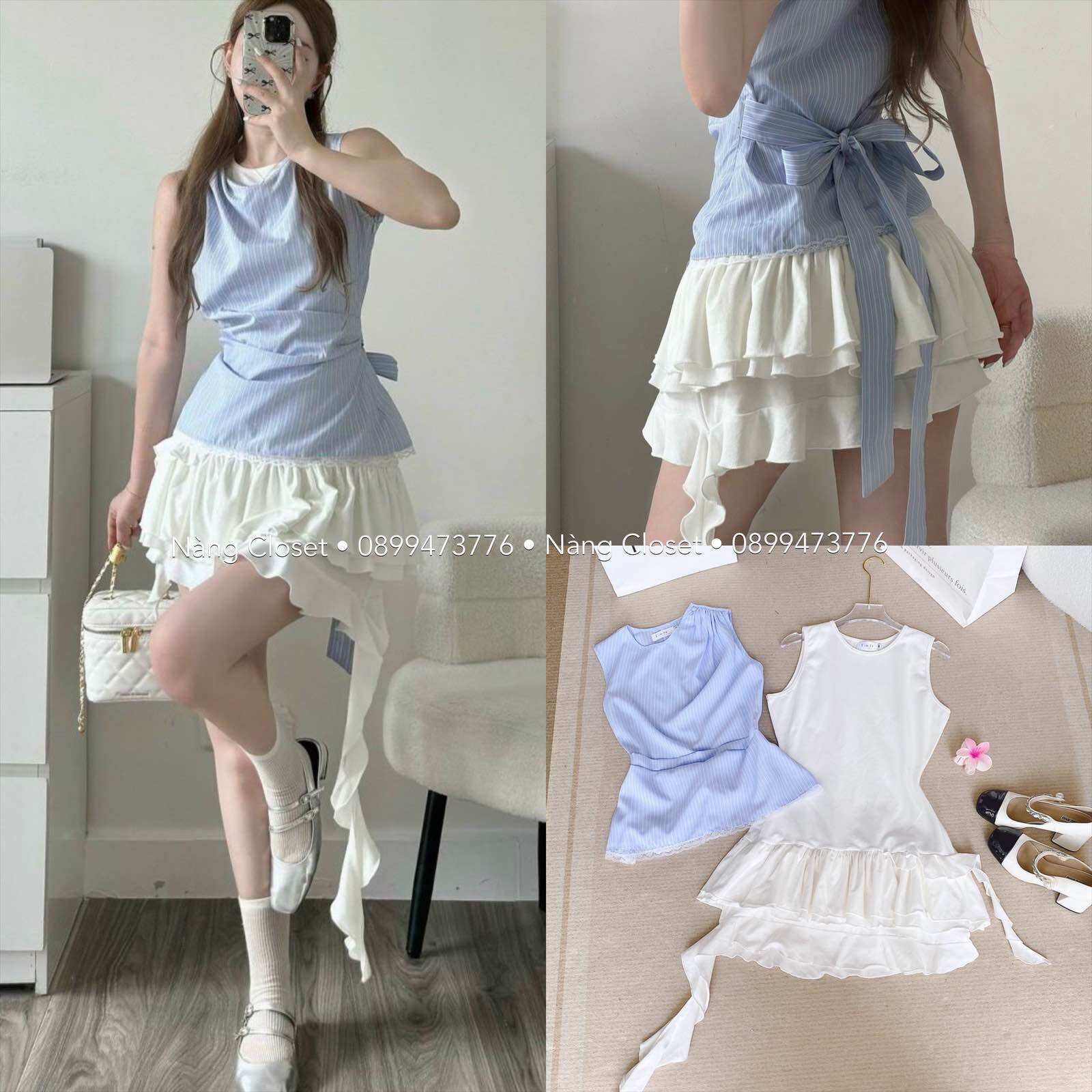 SET Đầm trắng bèo tầng kèm Áo sọc xanh nơ sau NÀNG CLOSET