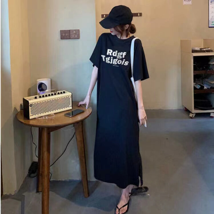 Phong Cách Hàn Quốc Mùa Hè Áo Thun Nữ Đầm Nữ Tay Ngắn Cao Cấp Rộng Dáng Rộng Áo Dài Cho Plus Size Nữ