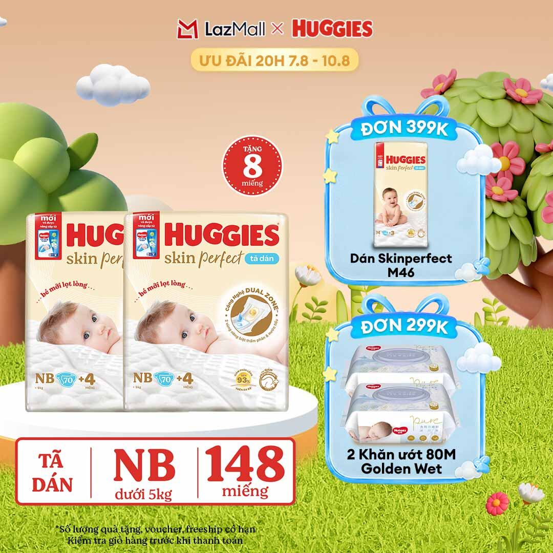[20h 7-10.8 QUÀ TẶNG ĐƠN 0Đ] Combo 2 Tã/bỉm dán sơ sinh Huggies Skin Perfect NB70 với 2 vùng thấm giảm kích ứng da