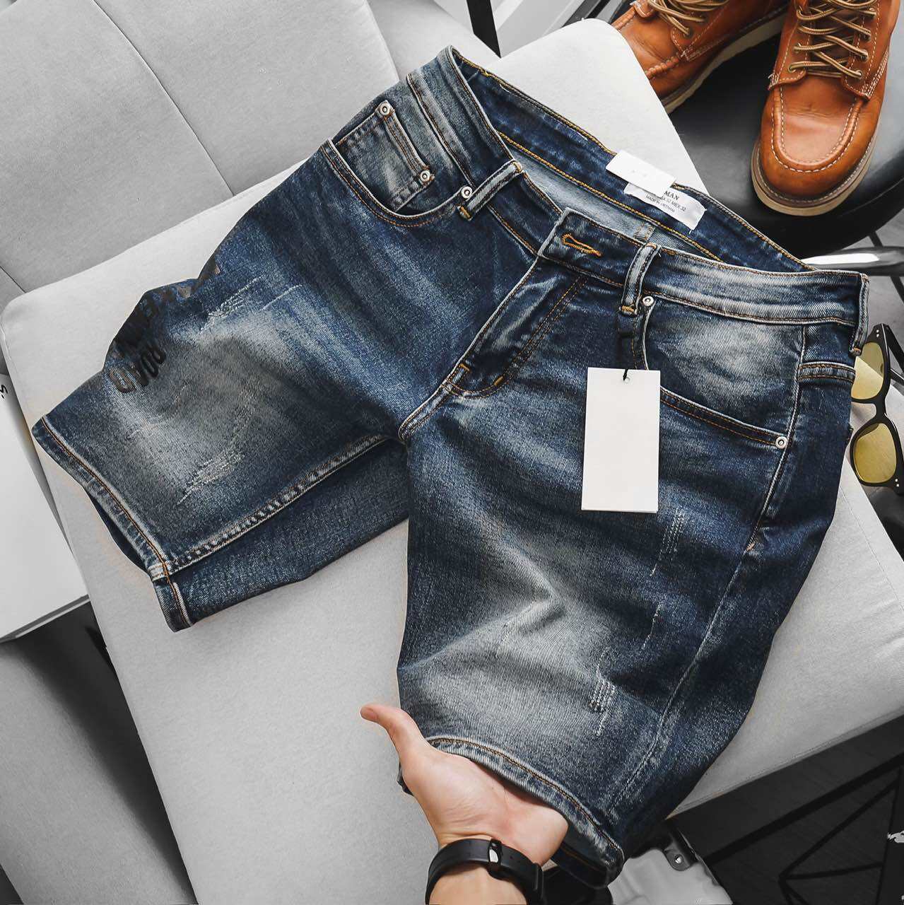 Quần short jean nam có big size 100kg màu xanh đậm co giãn xuất dư