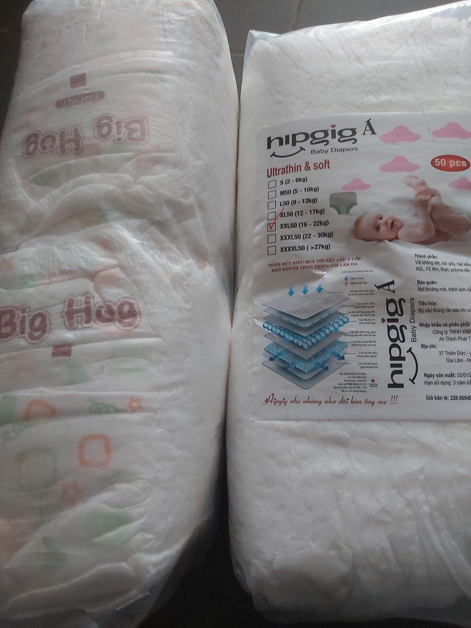 Tã bỉm hipgigA Loại 1- Bịch 50 miếng ( Điệm may co giản) size L9-13kg -2XL16-22kg  XL12-17kg