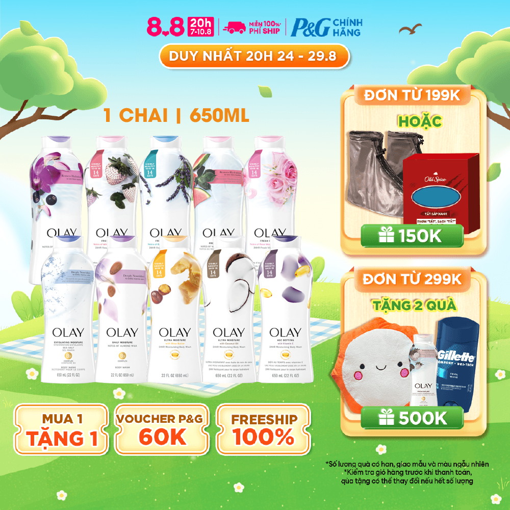 Sữa tắm dưỡng ẩm olay 650ml nhiều mùi hương almond milk/ shea butter/ strawberry and mint/ sea salts/ orchid black/ age defying - nhập khẩu mỹ
