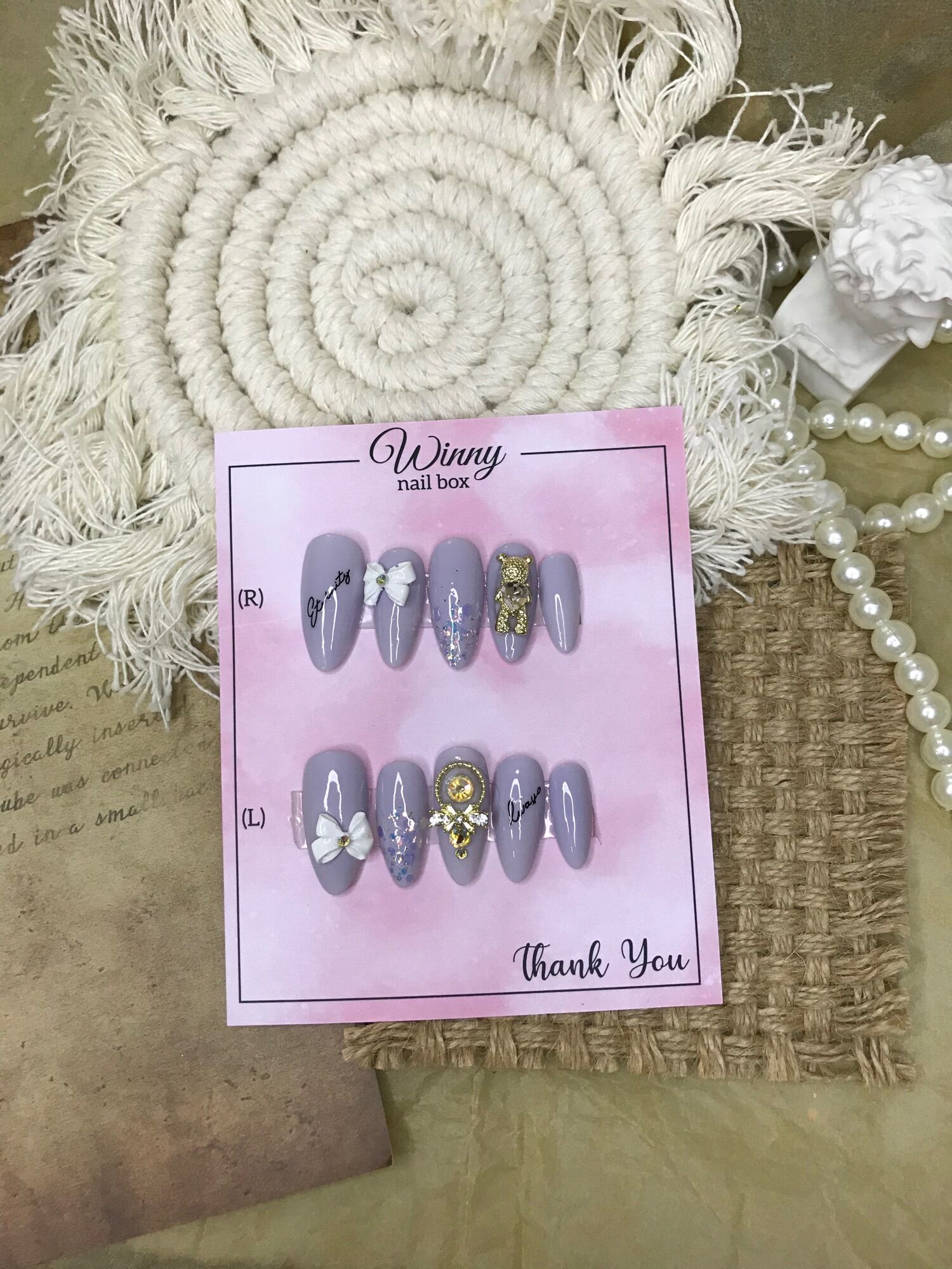 Nailbox móng up móng giả xám nhạt charm gấu