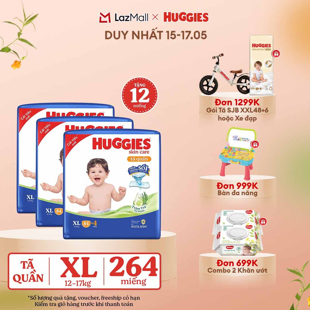 [CHỈ 15-17.05 GIẢM THÊM 90K] Combo 3 Gói Tã/bỉm quần HUGGIES SKINCARE MEGA JUMBO size XL84+4 miếng