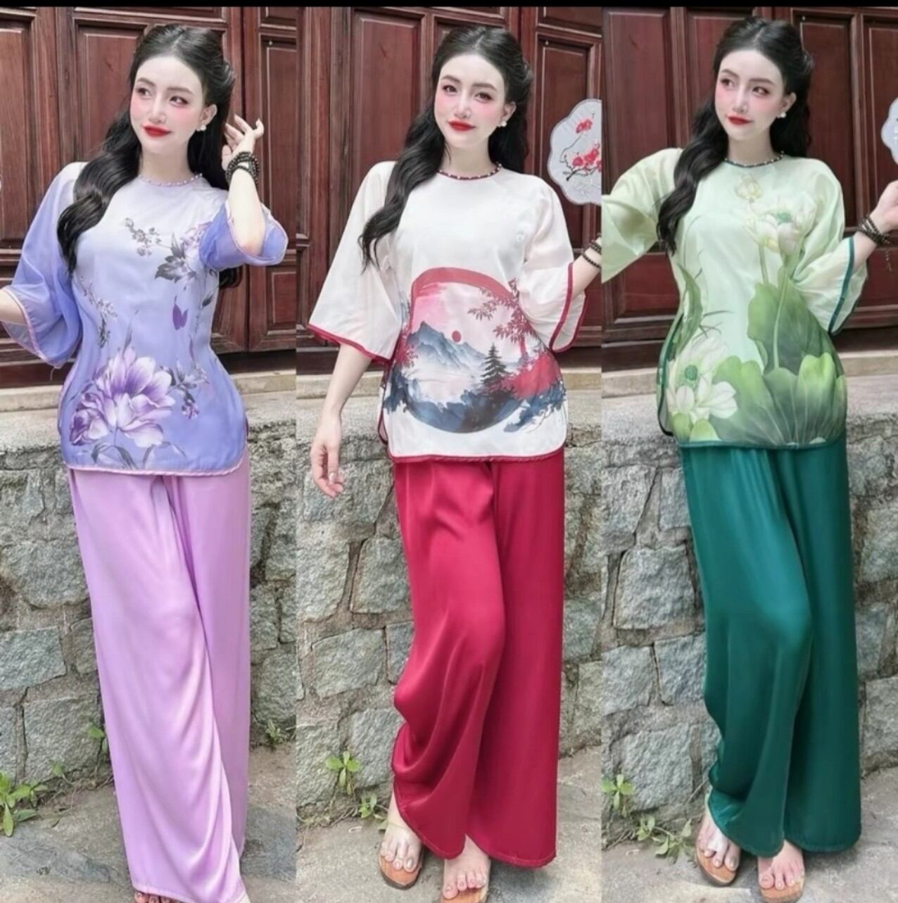 Sét lam cổ tròn nút ngọc chất lụa voan tơ ánh kim