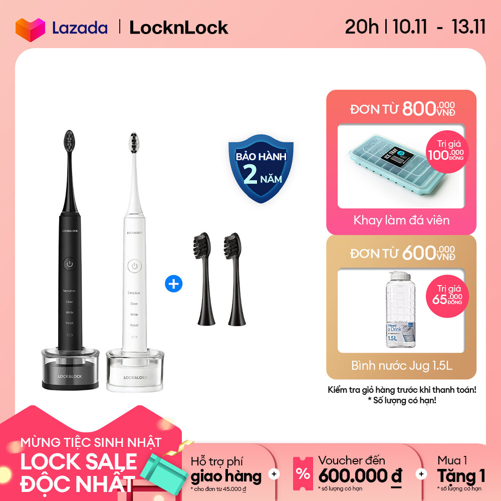 Bàn chải đánh răng điện Lock&Lock ENR346 - Sạc không dây - 4 chế độ làm sạch - tặng kèm hai đầu chải - Hàng chính hãng - Bảo hành 2 năm