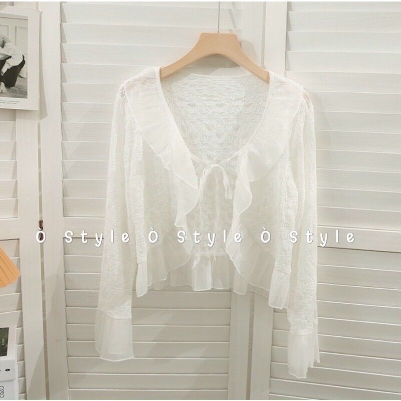 Áo khoác mỏng ren bèo dáng lửng buộc dây
