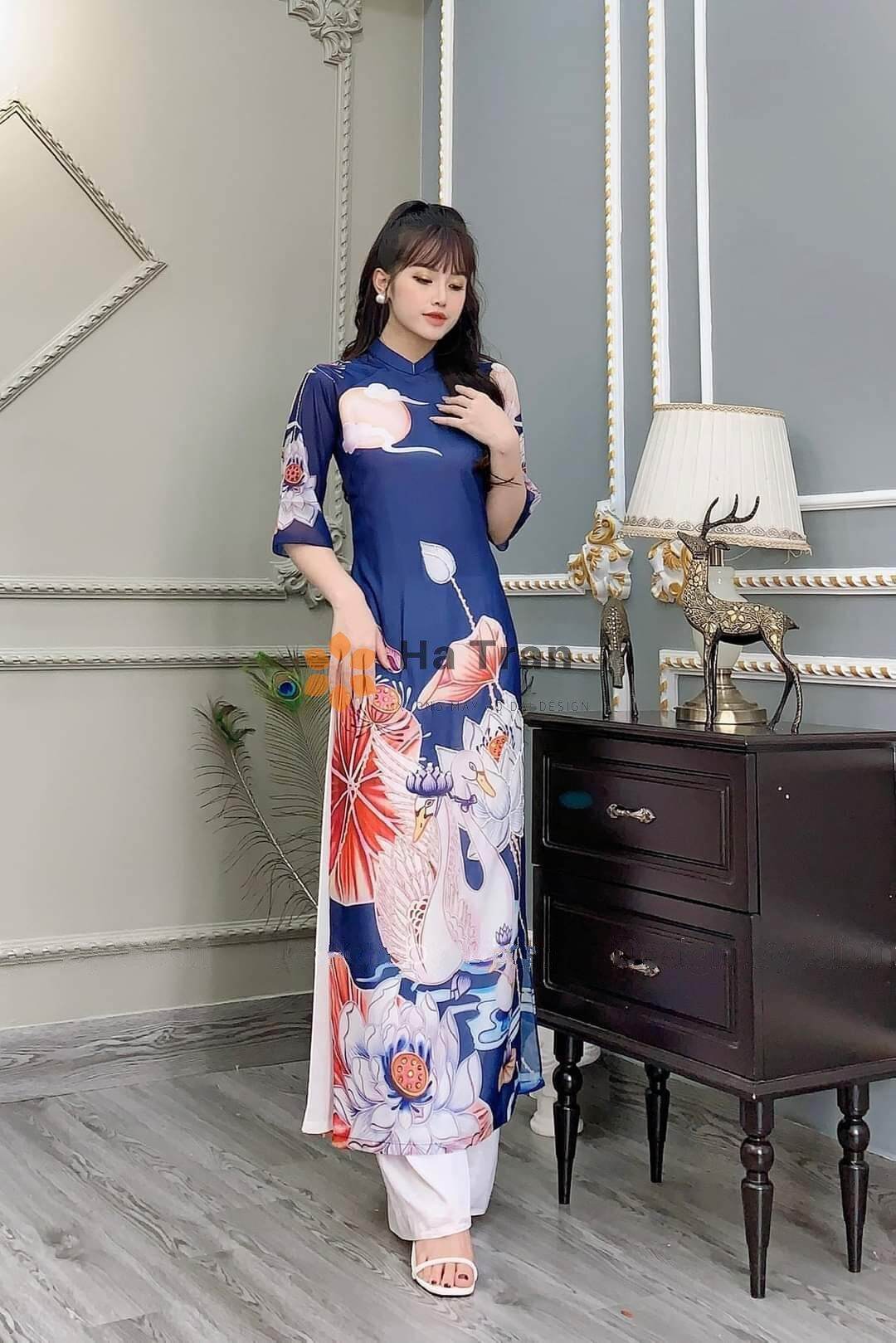 Áo dài tơ xanh than 4 tà đính kết kim sa phù hợp mặc đi lễ chùa, lễ tết, đi chơi, chụp ảnh - Áo dài Hà Trần