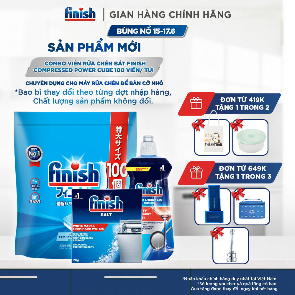 Combo Finish: Viên Rửa Chén Finish Nhật Bản Power Cube 100 Viên + Nước làm bóng Finish 500ml + Muối rửa chén 2kg