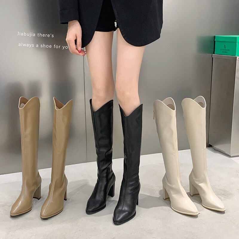 Giày bốt đùi nữ cao gót 7p mũi nhọn da lì lót nhung ulzzang Eudora899 BĐ20