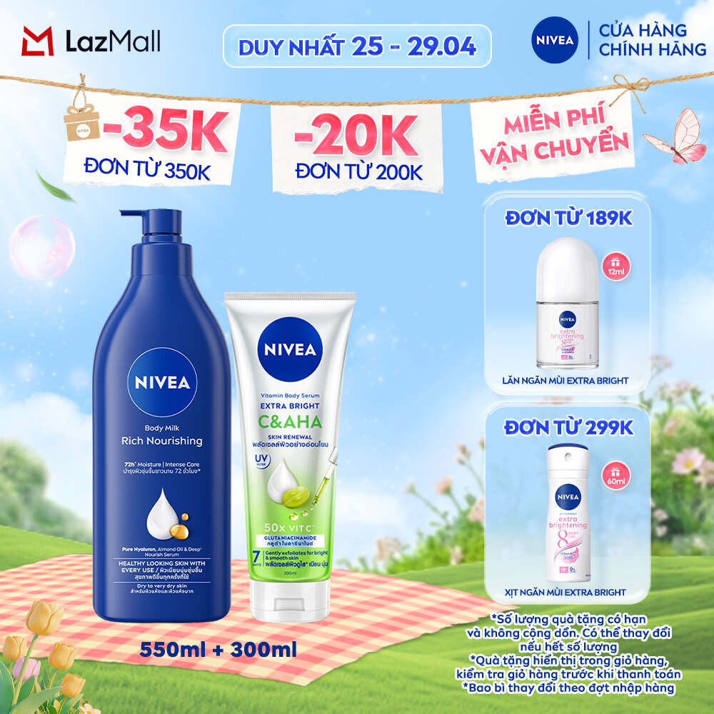 Bộ Sữa Dưỡng Thể NIVEA Dưỡng Ẩm Chuyên Sâu 48H (550 ml) và Serum Dưỡng Thể NIVEA Vitamin Extra Bright CAHA (300 ml)