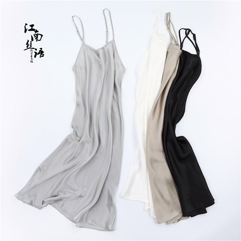 Váy Hai Dây Lụa Thật Không Ghép Nối Váy Liền Mặc Trong Dài Vừa Lụa Tơ Tằm 100 Mùa Hè Váy Lót Chống Xuyên Thấu Phối Bên Trong Màu Trơn