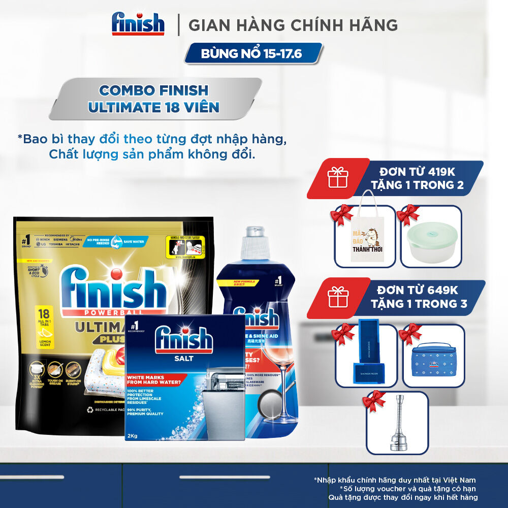 Combo Viên Rửa Chén Bát Finish Powerball Ultimate Plus Intensive Lemon Sparkle 18 Viên + Nước làm bóng Finish 500ml + Muối rửa chén 2kg