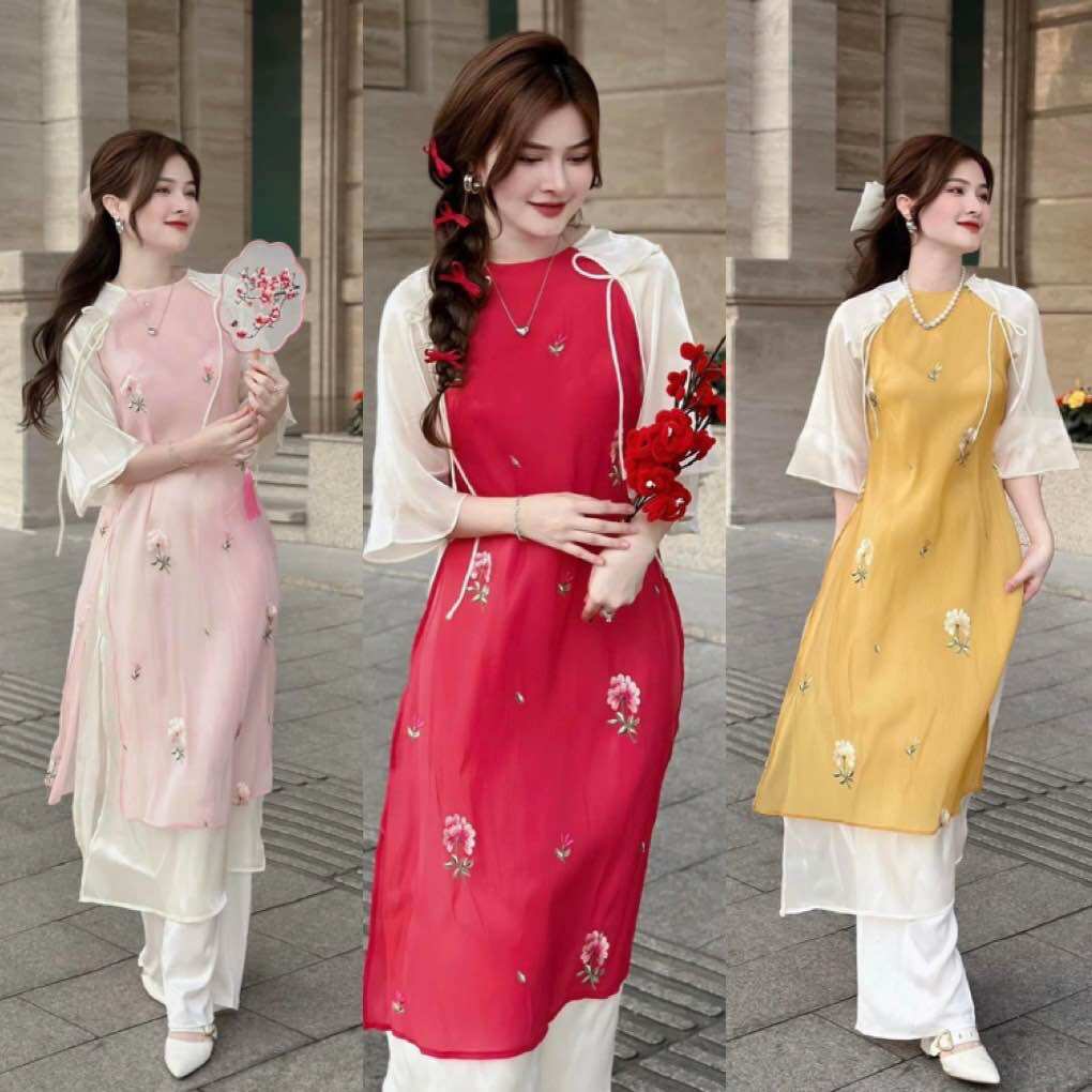 Set áo dài cách tân bồ công anh trắng