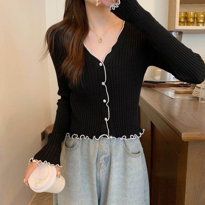 Áo Len Cardigan Dệt Kim Dài Tay Cổ Chữ V Ôm Vừa Vặn Mỏng Mùa Thu Cho Nữ Áo Khoác Ngoài Áo Sơ Mi Cơ B