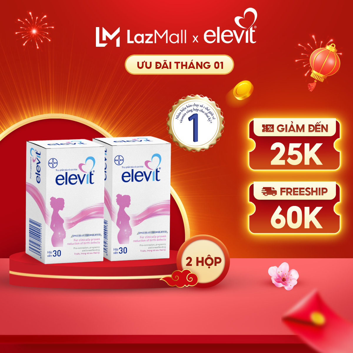 Bộ 2 Hộp Vitamin Bầu Tổng Hợp Elevit Cho Phụ Nữ Trước Trong và Sau Thai Kỳ (30 Viên/ Hộp)