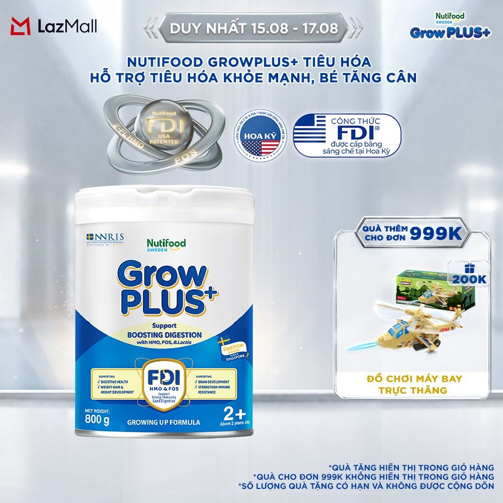 Sữa bột Nutifood Sweden GrowPLUS+ Tiêu Hóa (Xanh Nhạt) 2+ - Hỗ trợ tiêu hóa khỏe mạnh, bé tăng cân (Lon 800g)