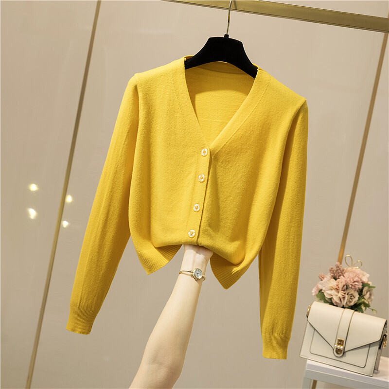 Áo Cardigan Dệt Kim Mùa Xuân Thu Áo Nhỏ MặC Ngoài Mẫu Ngắn Cho Nữ Áo Dài Tay Áo Len Cổ V Áo Khoác Rộng Rãi Dễ Phối Kiểu Mỏng