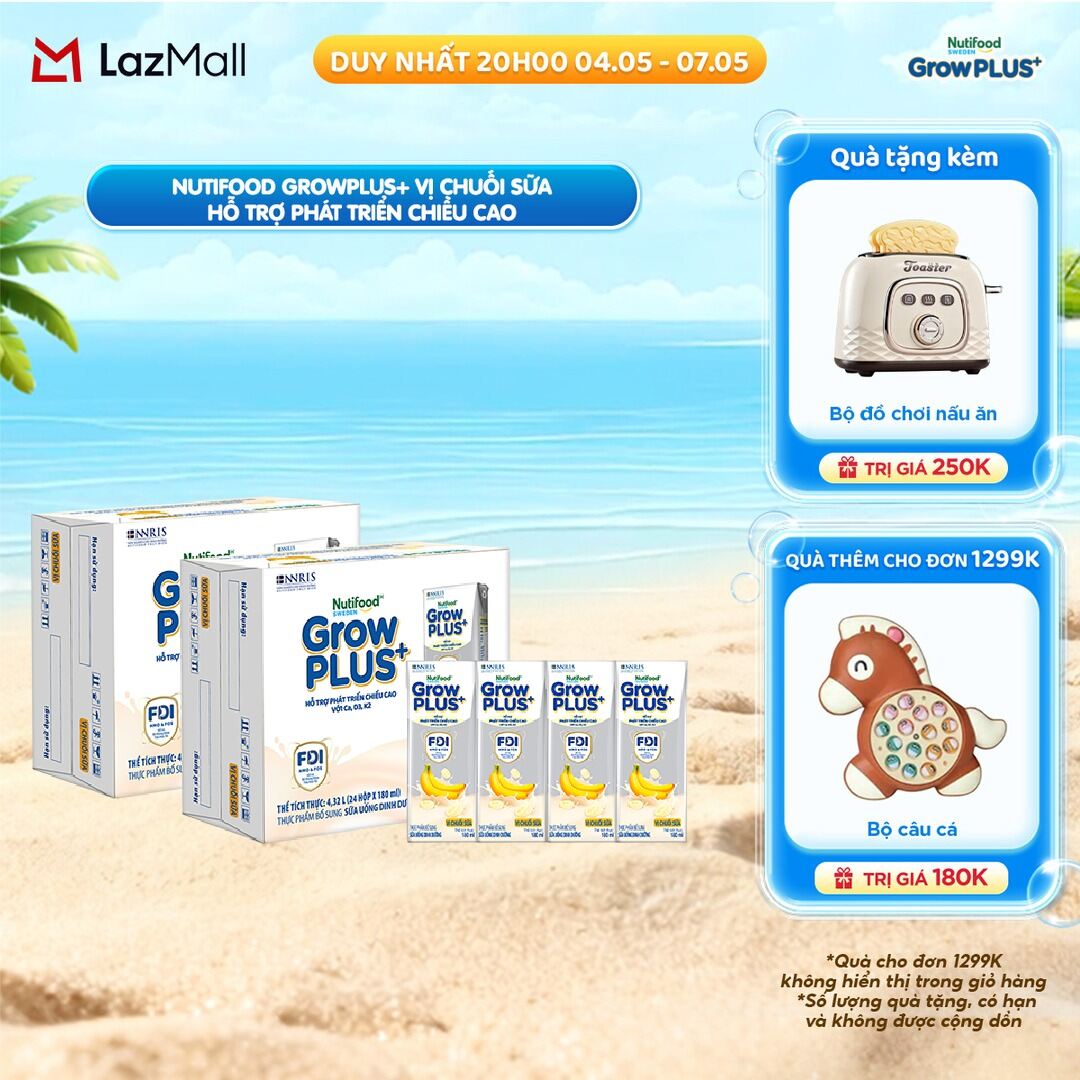Combo 2 Thùng 24 hộp Sữa nước pha sẵn Nutifood Sweden GrowPLUS+ Vị Chuối Sữa hộp 180ml - Hỗ trợ phát triển chiều cao